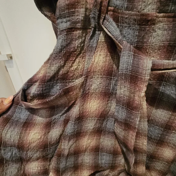 Plaid Button-Up Shirt Short Romper with Belt - Picture 2 of 4